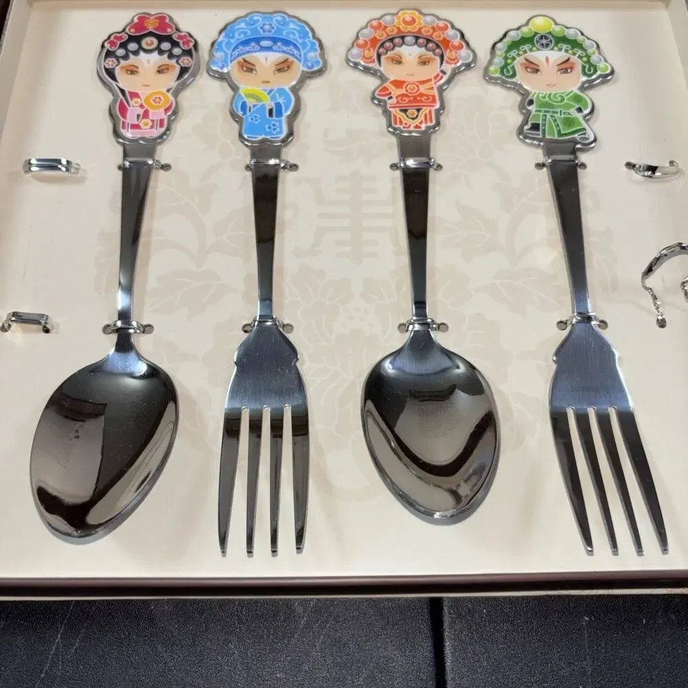 Vtg 4pc Chinese Opera Silverware (NO CHOPSTICKS) Guo Cui Jing Ju